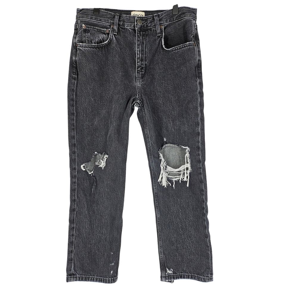 ETICA WOMEN'S REAH MID RISE STRAIGHT JEANS – BLACK STONE WASHED, SIZE 28